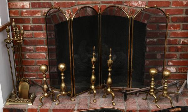 Appraisal: BRASS ANDIRONS PR FIREPLACE TOOLS FIRE SCREENONSITE AUCTION This on-site