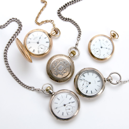 Appraisal: Five pocket watches and three watch chains Illinois Watch Co