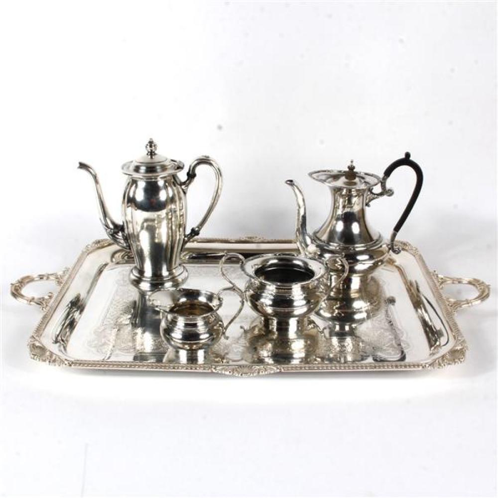 Appraisal: VARIOUS ENGLISH ANTIQUE SILVERPLATED TEA SERVICE TRAY TEAPOTS CREAM AND