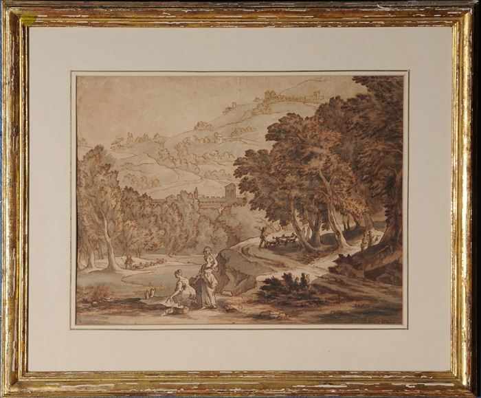 Appraisal: CONTINENTAL SCHOOL PASTORAL SCENE WITH SHEPHERD AND DISTANT CASTLE Sepia