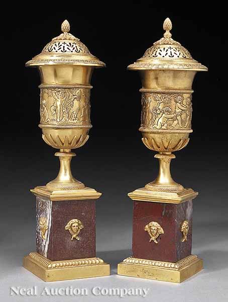 Appraisal: A Pair of French Gilt Bronze and Rouge Marble Cassolettes