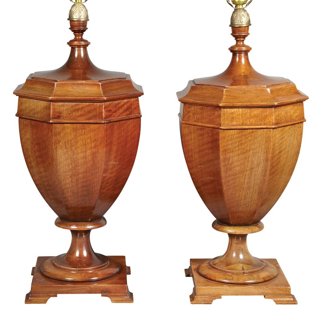 Appraisal: Pair of George III Style Mahogany Cutlery Urns Each mounted