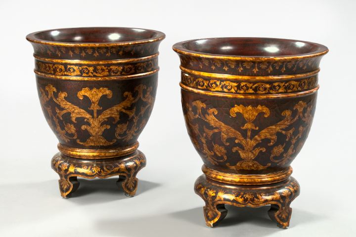 Appraisal: Large Pair of Continental Turned Mahogany Quatrepodal Tree Tubs elaborately