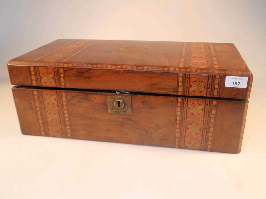 Appraisal: A thC walnut writing box with Tunbridge ware style banding