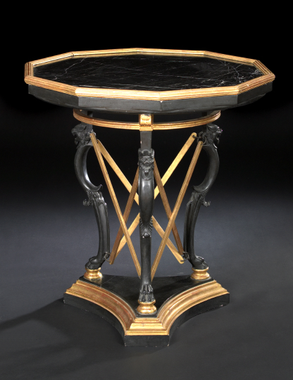 Appraisal: Empire-Style Ebonized and Marble-Top Center Table the ten-sided black marble