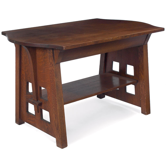 Appraisal: Limbert library table turtle-top form with a blind drawer and