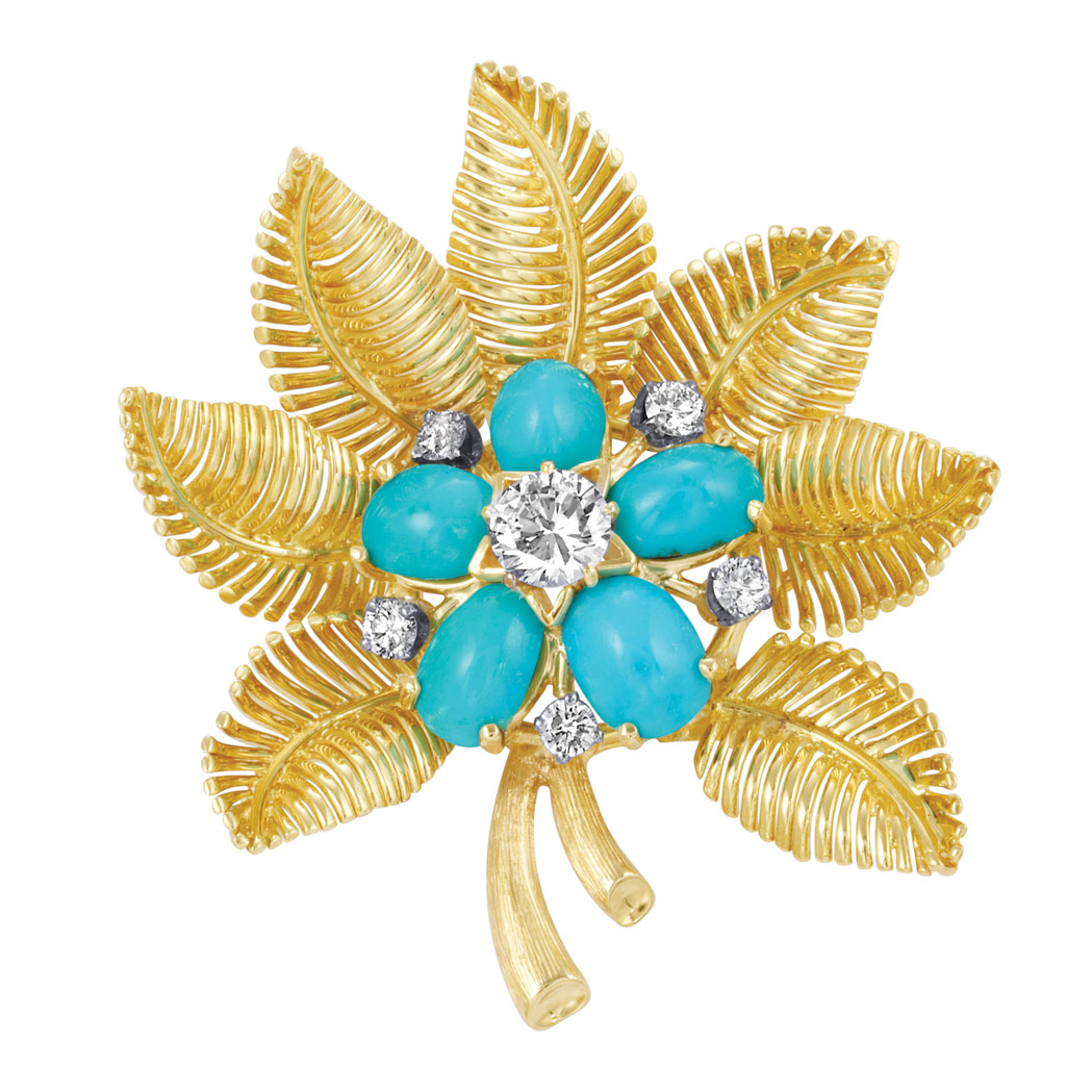 Appraisal: Gold Diamond and Turquoise Flower Clip-Brooch kt centering one round