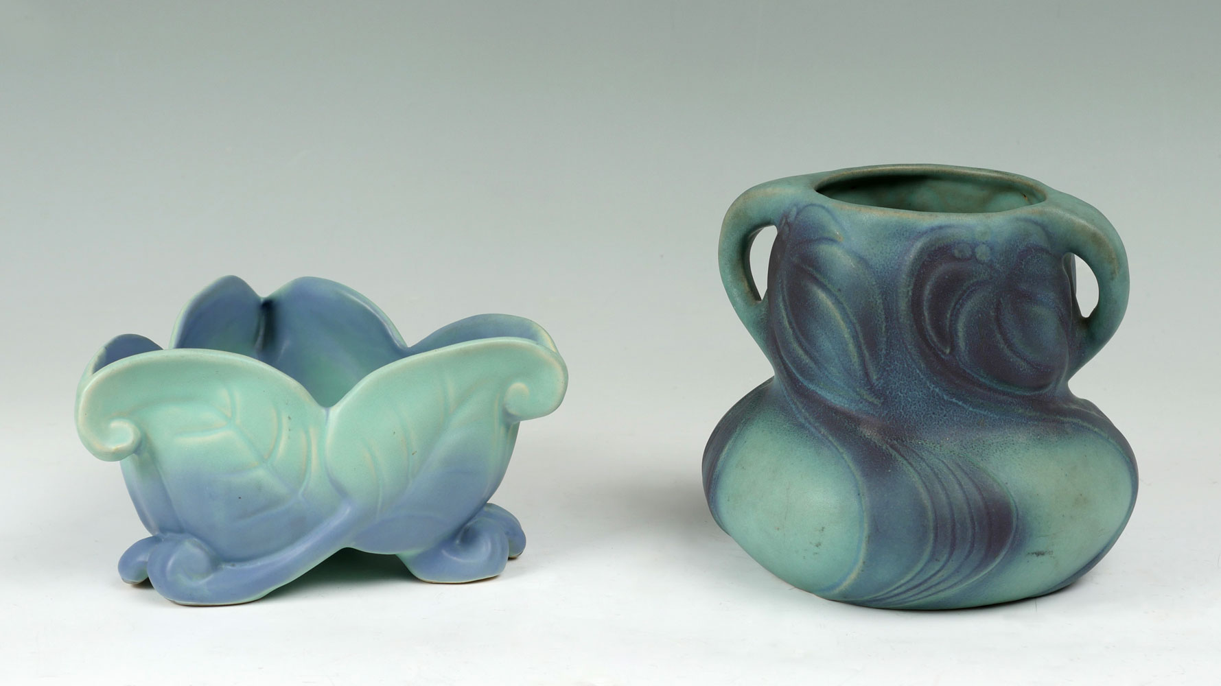 Appraisal: PC VAN BRIGGLE FLORAL FORM VASES Comprising - Green purple