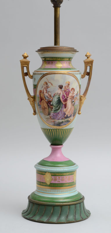 Appraisal: VIENNA PORCELAIN TRANSFER-PRINTED SCENIC VASE MOUNTED AS A LAMP Depicting