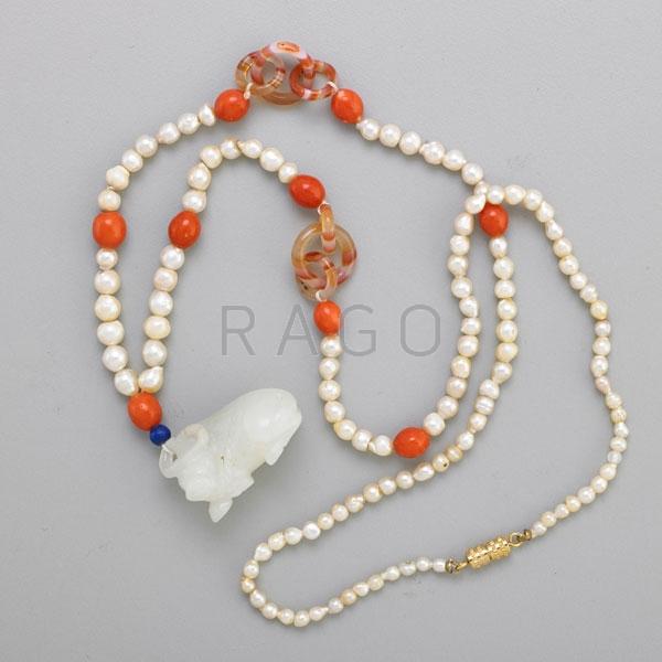 Appraisal: RIVER PEARL JADE CORAL AND AGATE LINK NECKLACE Condition Report