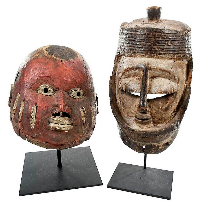 Appraisal: Two Carved and Polychrome African Masks West Central Africa cap