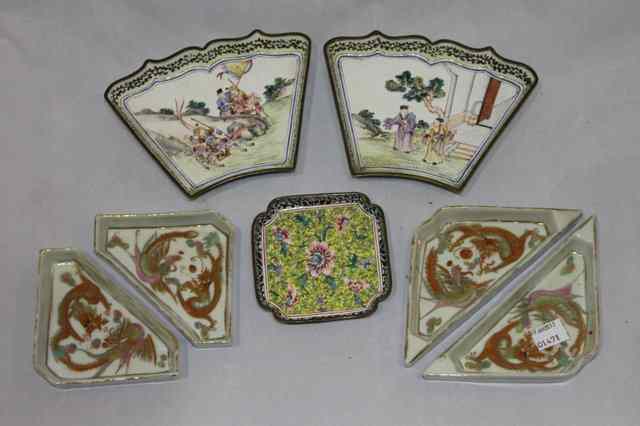 Appraisal: TWO CHINESE ENAMEL HORS D'OEUVRE DISHES decorated warrior and terrace