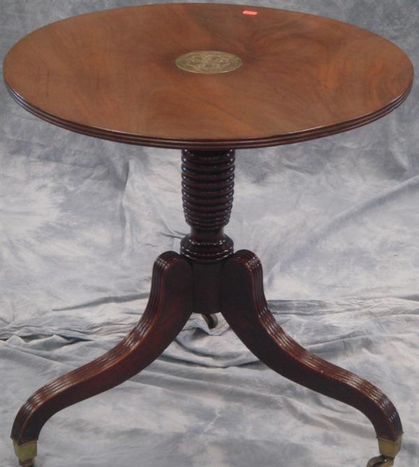 Appraisal: Mahogany Regency tea table top with engraved inset brass disc