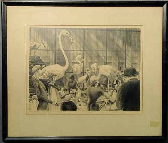 Appraisal: Humorous print of flamingos and people titled People Like Birds-