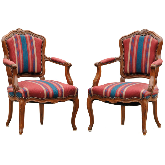 Appraisal: Louis XV style parlor chairs pair carved elements and striped