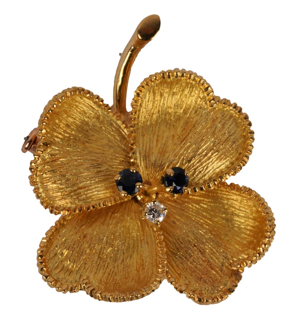 Appraisal: FRENCH KARAT YELLOW GOLD DIAMOND SAPPHIRE FLOWER PINwith French hallmarks