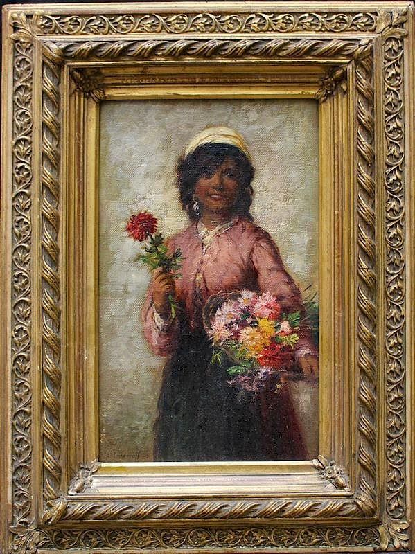 Appraisal: Alexei Harlamov -attributed Alexei Harlamov -attributed Young flower seller oil