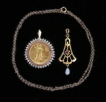 Appraisal: US Gold Coin Pendant with Diamonds and a Gold Chain