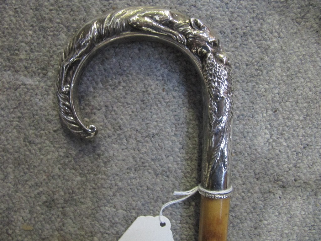 Appraisal: Silver handled walking stick the handle modelled as a fox