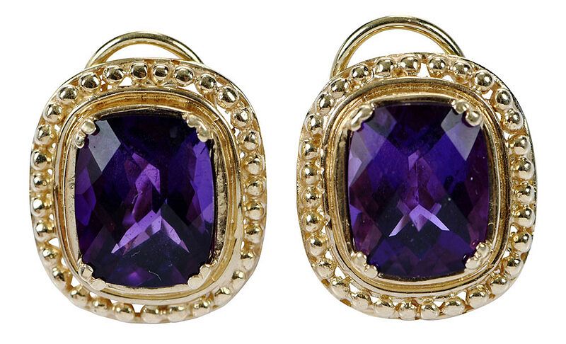 Appraisal: kt Amethyst Earrings each with one fancy cut cushion shaped