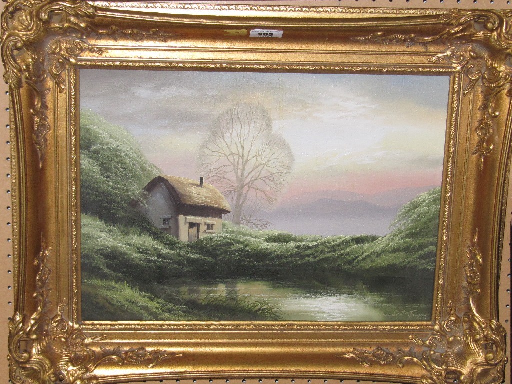 Appraisal: Oil on canvas landscape with a cottage indistinctly signed