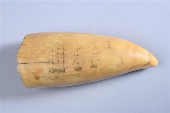 Appraisal: SCRIMSHAW DECORATED WHALE'S TOOTH Three sailing vessels two with U