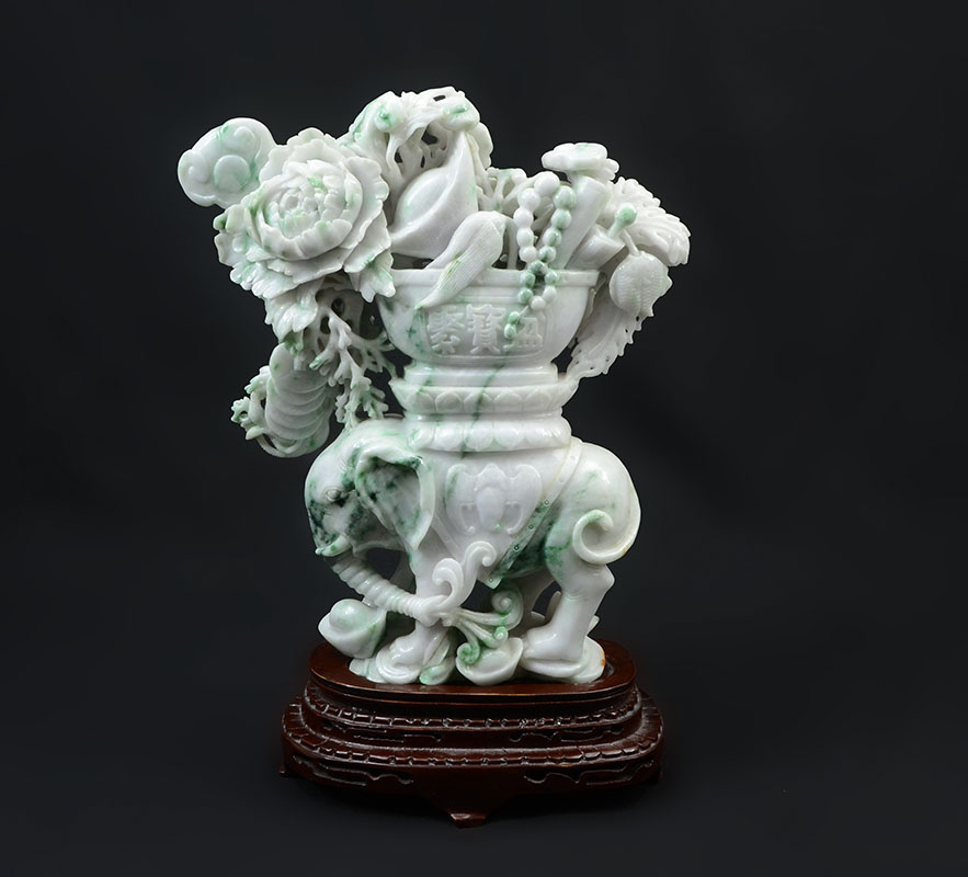 Appraisal: CHINESE CARVED JADEITE ELEPHANT FLOWERS FIGURAL GROUP Apple green and