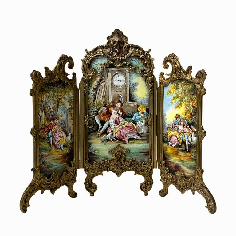 Appraisal: French Enamel Gilt Bronze Table Screen Clock French enamel and