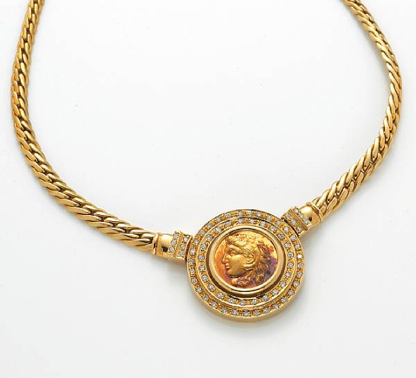 Appraisal: A diamond and k gold coin motif necklace gross weight