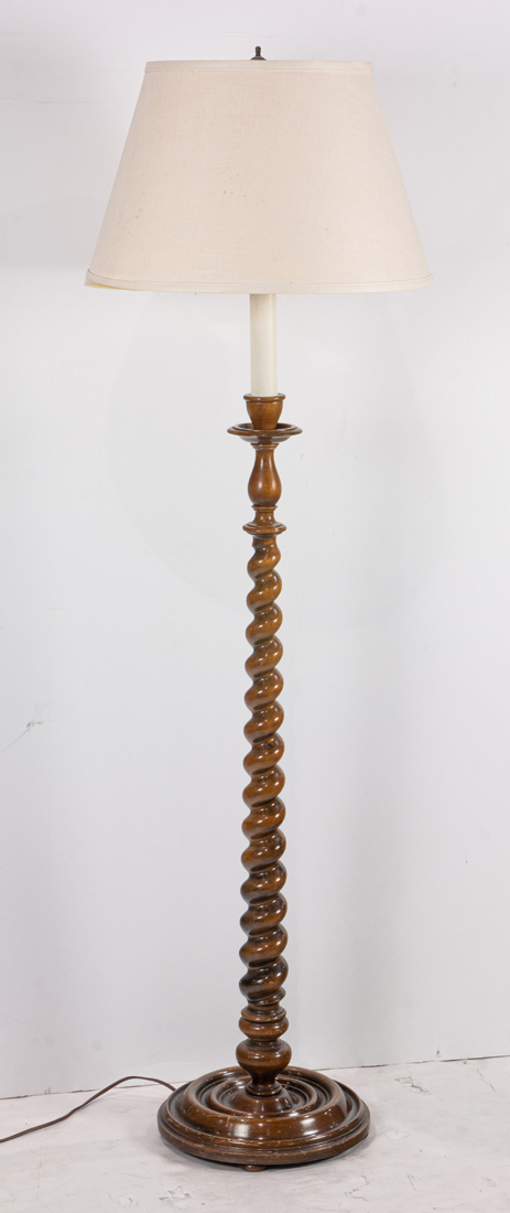 Appraisal: ENGLISH STYLE BARLEY TWIST CANDLESTICK FLOOR LAMP WITH LINEN SHADE