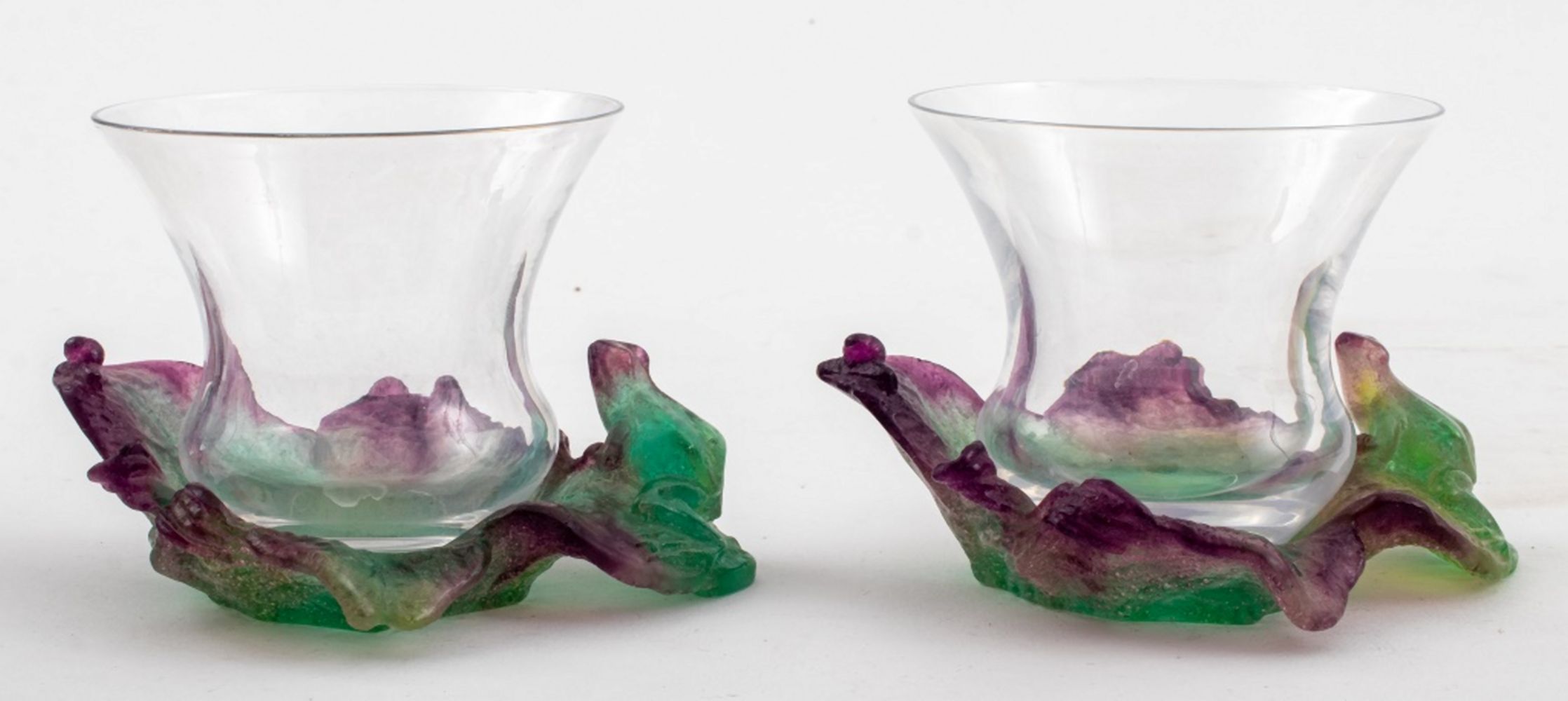 Appraisal: DAUM PATE DE VERRE GREEN PURPLE VOTIVE VASES PR Pair