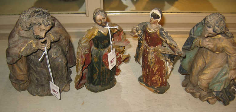 Appraisal: MEXICAN AND SPANISH COLONIAL WOODEN FIGURES Group of four carved