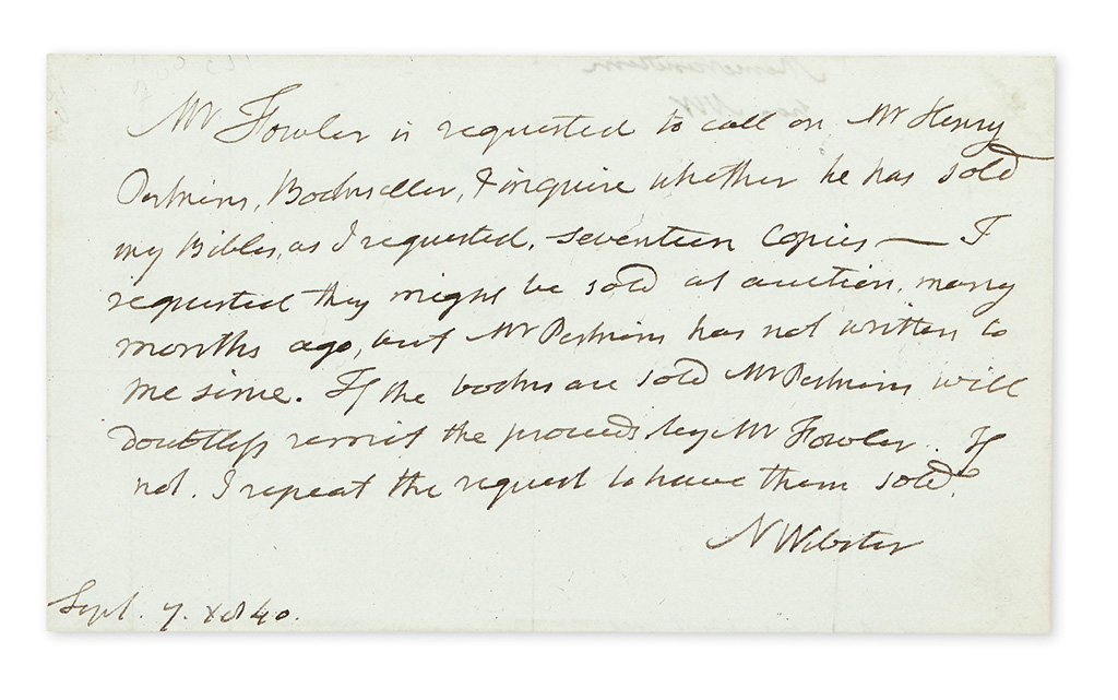 Appraisal: PEDDLING HIS 'COMMON VERSION' BIBLE WEBSTER NOAH Autograph Note Signed