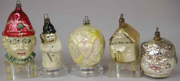 Appraisal: FIVE EARLY CHRISTMAS TREE ORNAMENTS Germany blown glass ornaments include