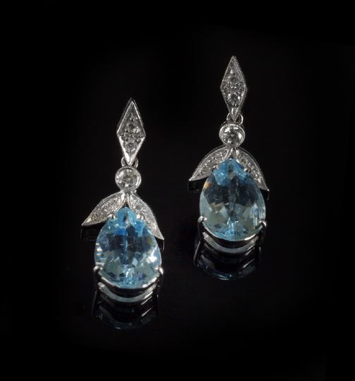 Appraisal: Good Pair of Eighteen-Karat White Gold Aquamarine and Diamond Drop