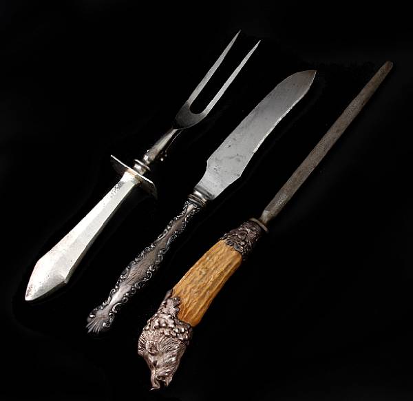 Appraisal: A group of carving sets Including pc antler handle carving