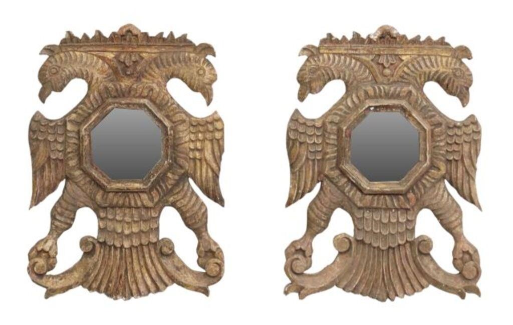 Appraisal: pair Spanish Colonial style parcel gilt wall mirrors carved double-headed