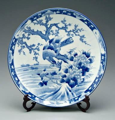 Appraisal: Japanese porcelain charger blue and white hawk with sparrow perched