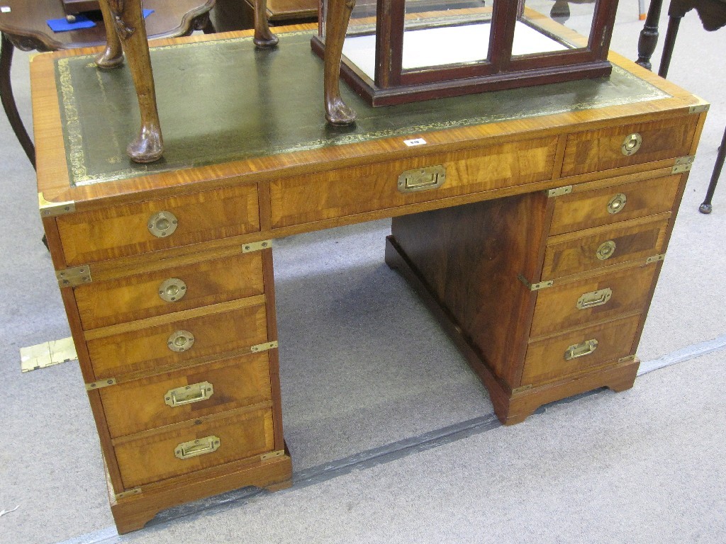 Appraisal: Brass bound campaign style twin pedestal writing desk