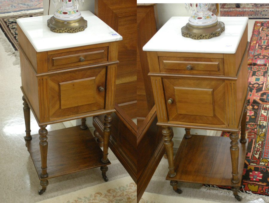 Appraisal: A PAIR OF MARBLE-TOP WALNUT NIGHTSTANDS German c a square