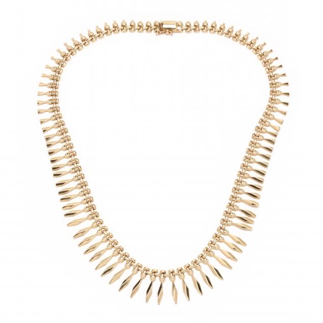 Appraisal: GOLD FRINGE NECKLACE ITALY In a tapered fringe motif completed