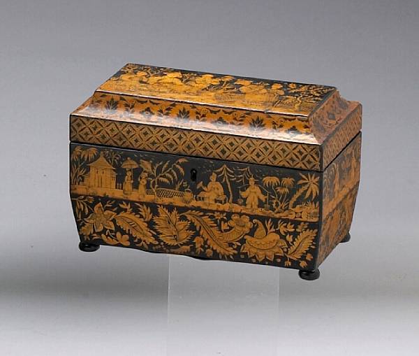 Appraisal: A fine Regency chinoiserie penwork and ebonized satinwood tea caddy