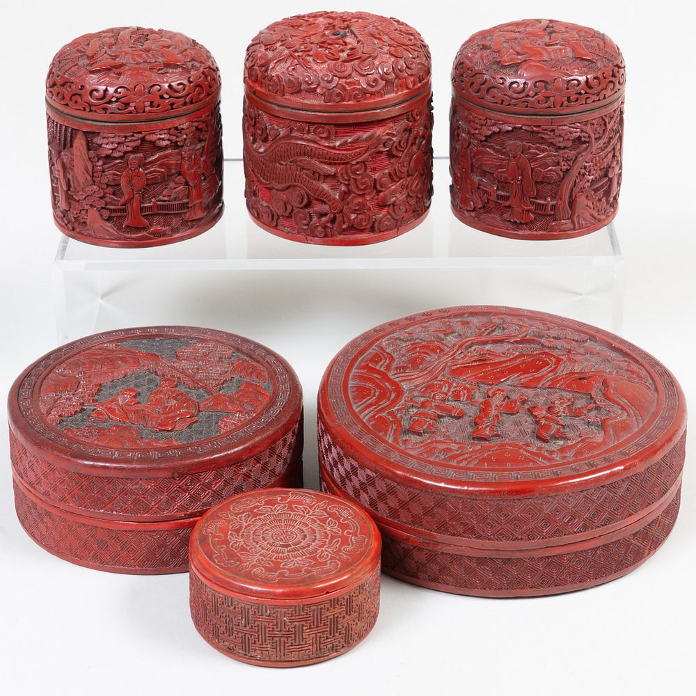 Appraisal: Group of Six Chinese Cinnabar Boxes Comprising Three low circular