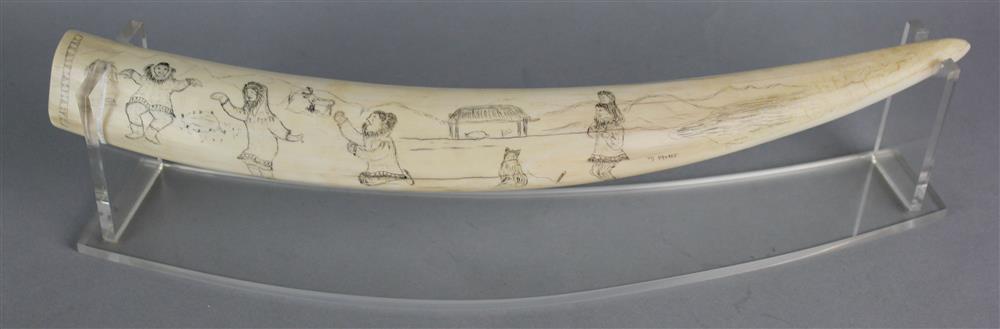 Appraisal: ESKIMO ENGRAVED WALRUS TUSK circa with village dance scene signed