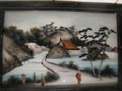 Appraisal: Japanese landscape Painting on glass including mother of pearl plus