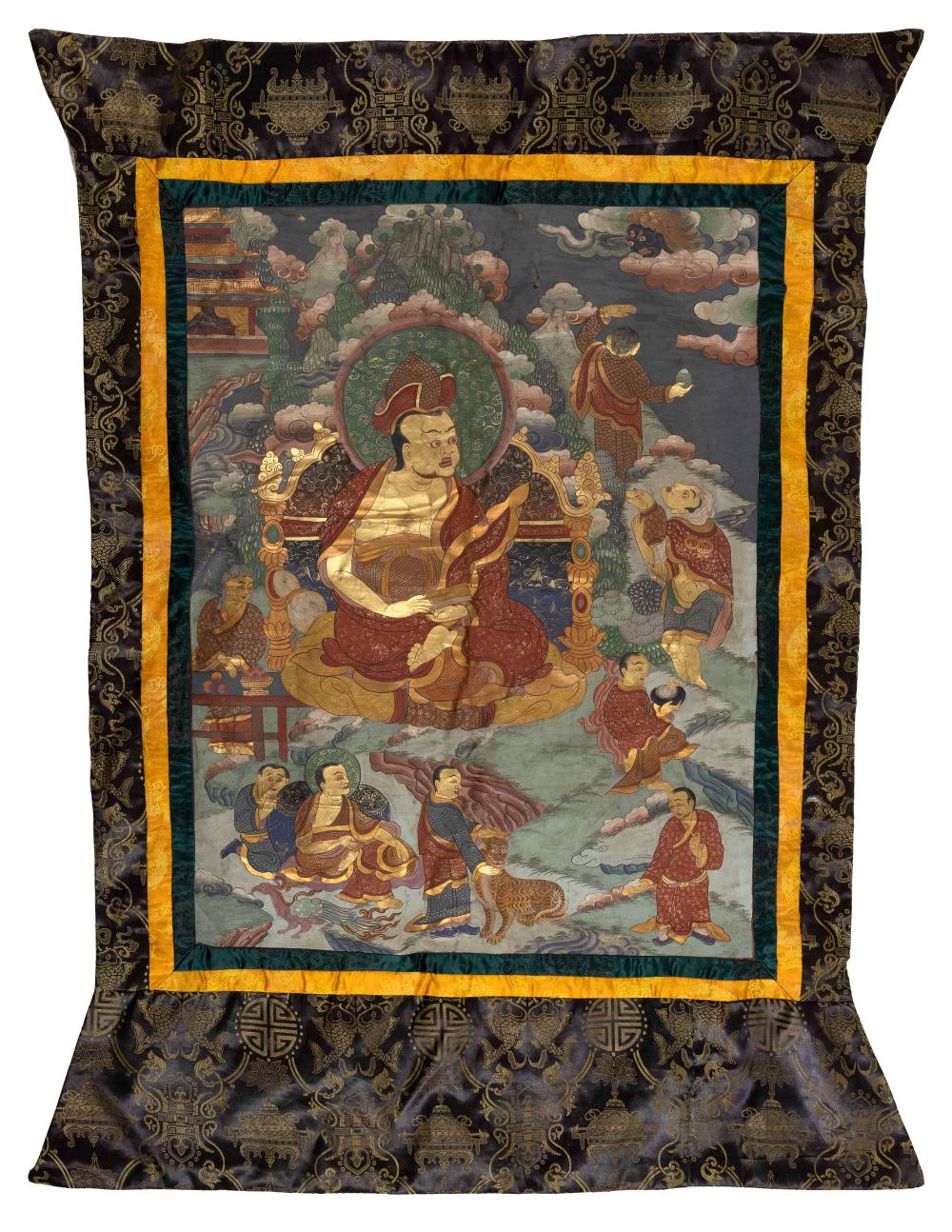 Appraisal: TIBETAN THANGKA TH CENTURY PAINTING X SILK BORDER X TIBETAN