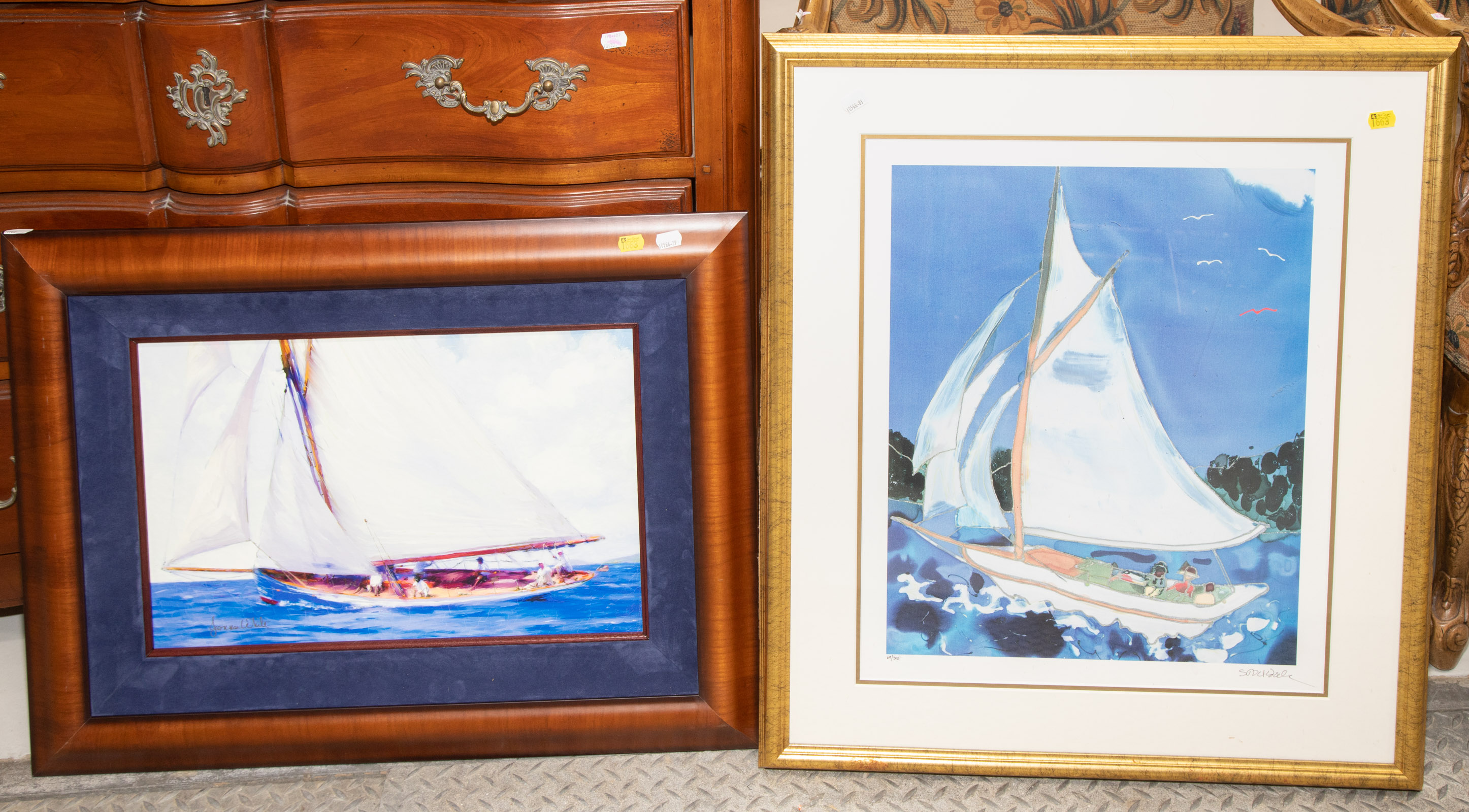 Appraisal: TWO SAILBOAT THEMED ARTWORKS Including a color print and a