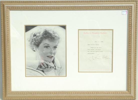 Appraisal: HEPBURN KATHERINE PHOTOGRAPH AND TYPED LETTER SIGNED IN PEN X