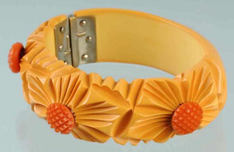 Appraisal: Bakelite Cream Floral Clamp Bracelet Description With inset orange centers