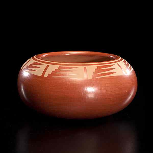 Appraisal: Blue Corn San Ildefonso Redware Bowl squat form with feather